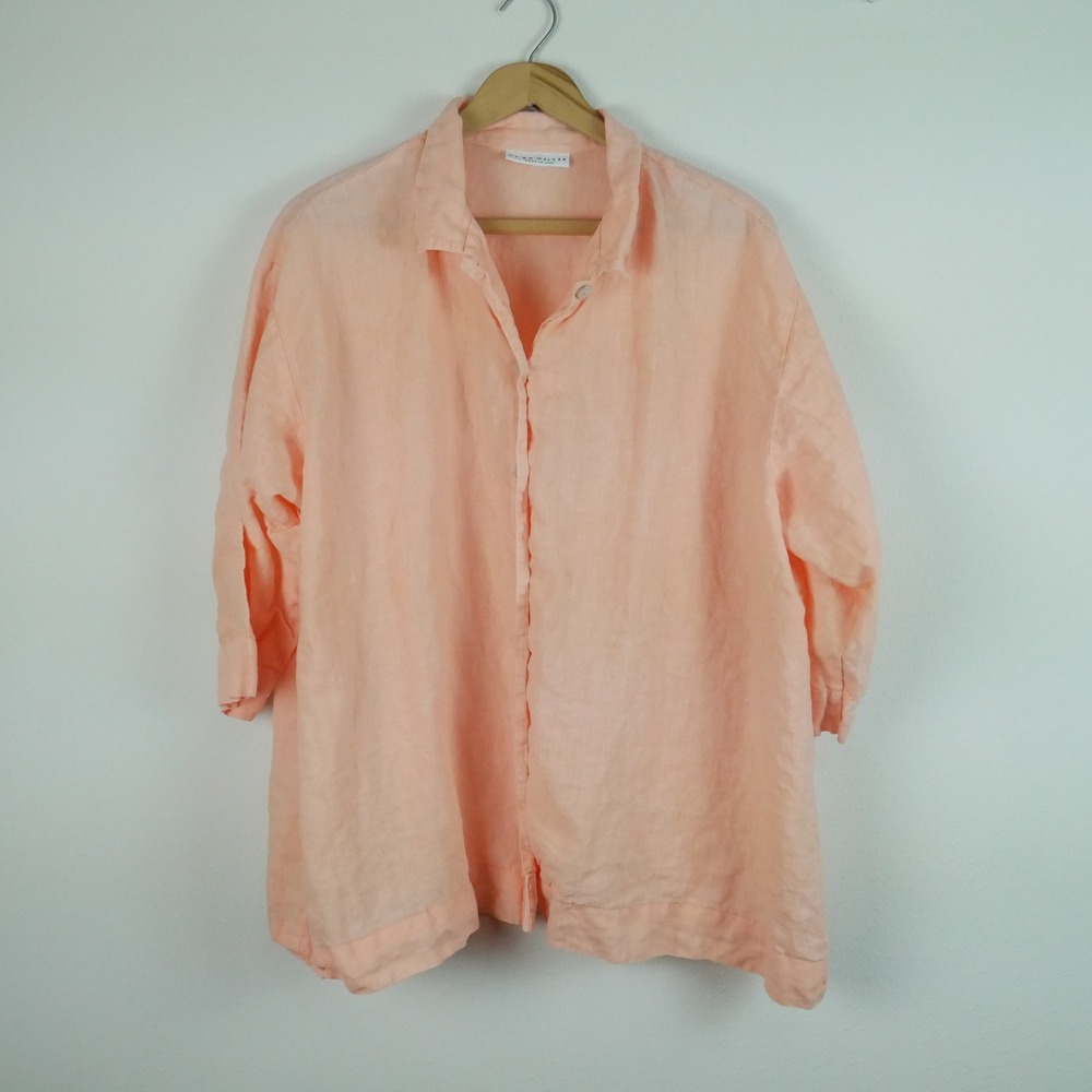 Bryn Walker Medium Peach 100% Linen Button Down Shirt 3/4 Sleeve Oversized Beach